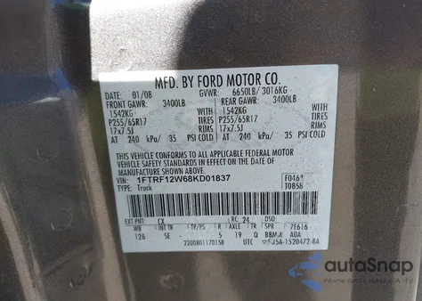 2008 Ford F-150 Fx2/Stx/Xl/Xlt z USA, uszkodzony, nr VIN 1FTRF12W68KD01837